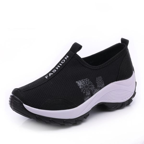 

solid colors casual shoes women slip on flat shoes women shallow mesh durable rubber outsole platform, Black