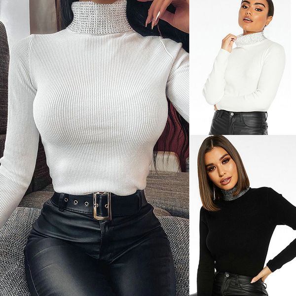 

women's blouses & shirts fashion turtleneck long sleeve rhinestone skinny women blouse and shirt, White