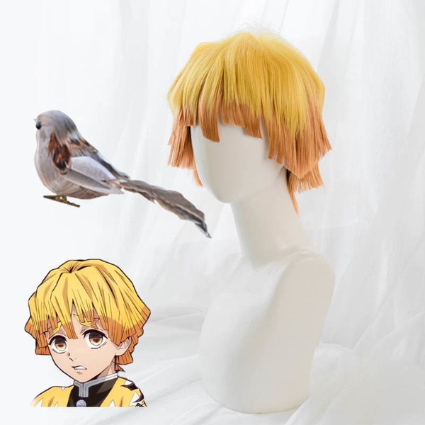 

anime demon slayer kimetsu no yaiba cosplay costumes zenitsu agatsuma wigs golden hair sparrow bird headdress cs146, Black