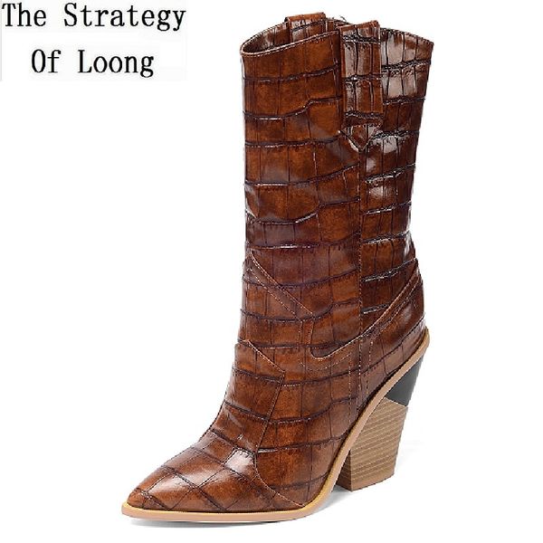 

spring autumn retro women plaid patent leather slip-on mid western boots winter lady pointed toe plush mid-calf boots 191117, Black