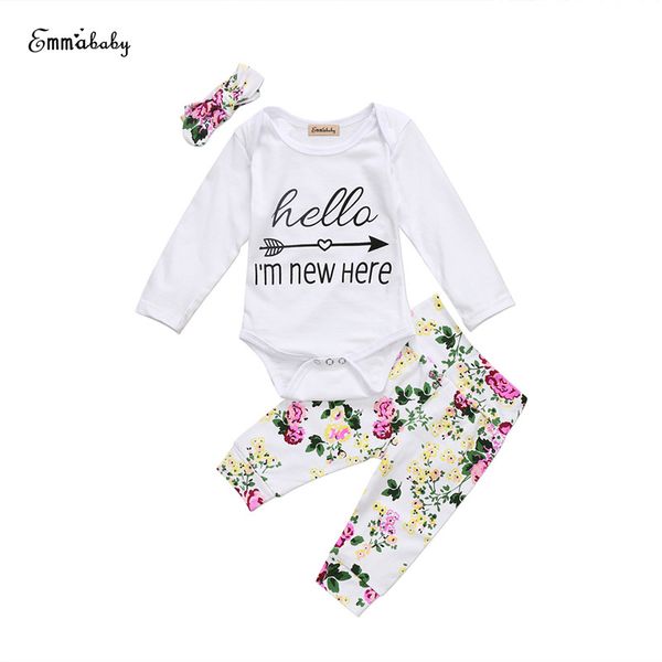 

Cute Lovely Newborn Toddler Baby Girls Clothes Floral Printed Letter Printed Bodysuit Jumpsuit Long Pants Headband Outfits