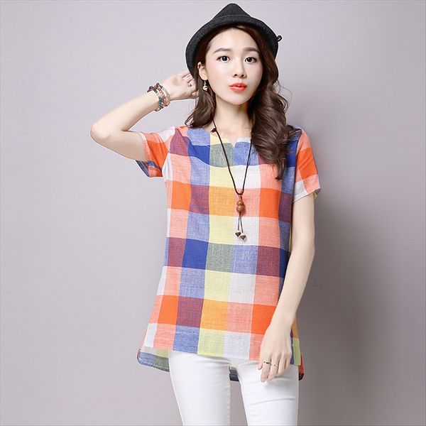 

летняя одежда литературную хлопок футболки стиля большого плед с короткими рукавами хлопок и лен футболка рыхлой основой жакет женской, White