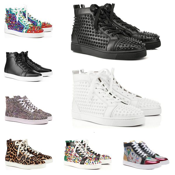 

2019 designer fashion red bottoms shoes studded spikes flat sneakers for men women leather casual rivet sneakers43f1#