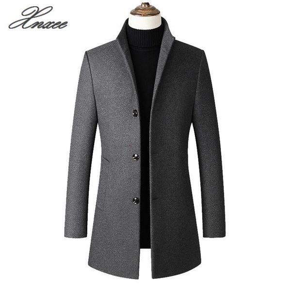 

men jacket warm winter trench coat long outwear button overcoat stand collar casual windbreaker overcoat jackets, Black