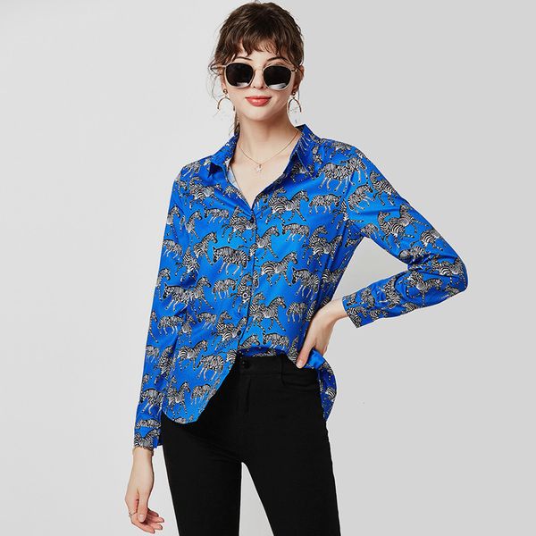

women animal zebra print blouses turn down collar loose leisure long sleeve shirt ladies tunic blusas, White