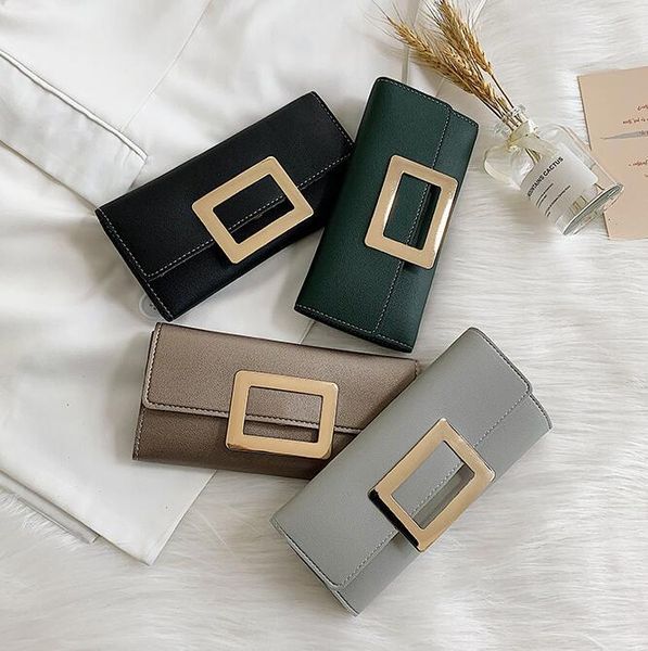 

Factory wholesale women handbag new folding leather purses multi-card women long purses square buckle multifunctional leather clutch bag, Red;black
