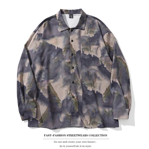 

men's casual shirts hip hop ink tie-dye printing harajuku button up shirt streetwear men fashion, White;black