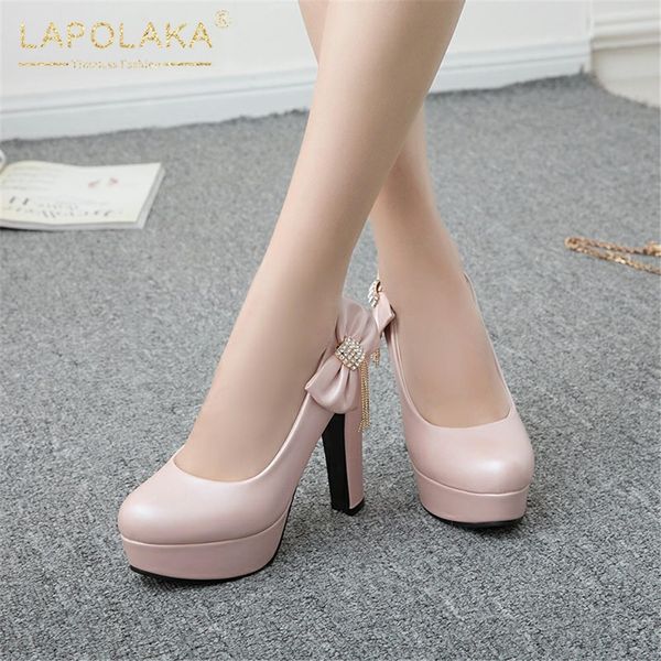 

lapolaka new arrivals plus size 34-50 wholesale chunky heels bowtie shoes woman pumps female slip on platform pumps woman, Black
