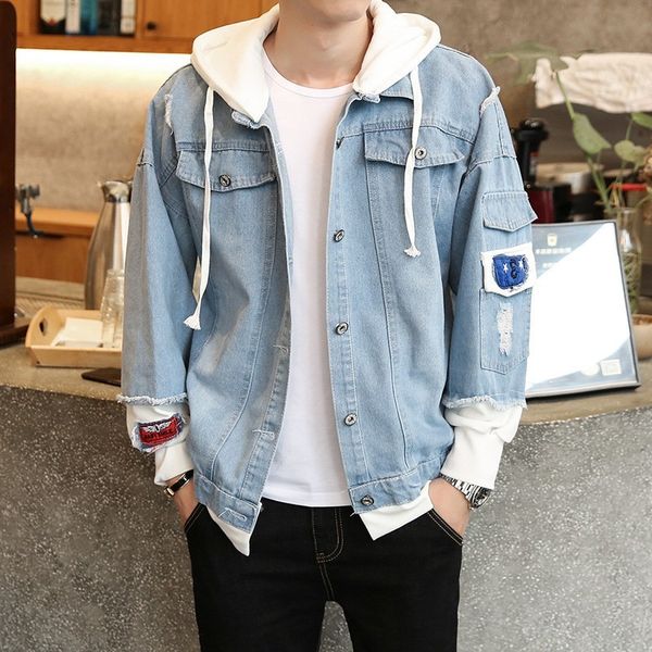 

men's jackets mens long sleeve sweatshirt patchwork denim hooded hole ripped punk fashion casual male outerwear coat loose big size, Black;brown