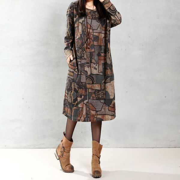 

женщина одежда женская платья женщины mid теленок длина платья 2019 осень повседневный сыпучие o шеи печати платье vestidos plus размер круп, Black;gray