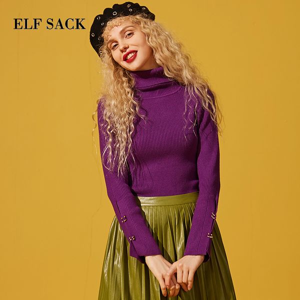 

elf sack new woman sweater solid hand knitted casual women sweaters turtleneck full short purple femme pullovers female, White;black