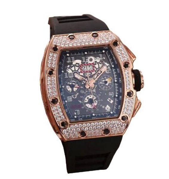 

drop shipping brand luxury new black rubber men watch sapphire automatic mechanical rose gold silver iced diamonds fashion calendar, Slivery;brown