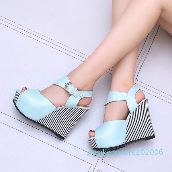 

size 32 to 45 with box sweet girl navy striped platform wedge shoes women high heels designer sandals s06, Black