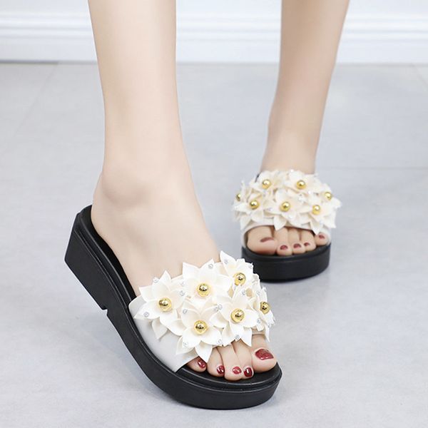 

summer women slippers flower pearl slides women shoes thick bottom platform sandals slippers non-slip flip flops ladies shoes, Black