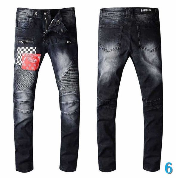 

men designer jeans fashion patches hole washed embroidery bleached long distrressed zipper fly straight brand jeans 6, Blue