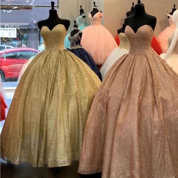 Роза потрясающая сексуальная золото Quinceanera Ball Hown без бретелек Sweet 16 Promes Sparling Flash Debutante Honeds Plus Quements Vestidos S