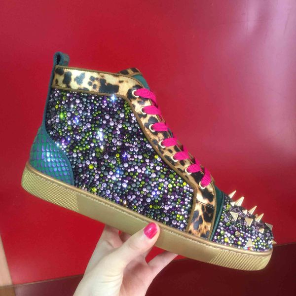 

gold leather + colors starss rhinestone luxuriou name red bottom sneakers for men's spiked high boots pik pik rivets studs shoes fashio, Black