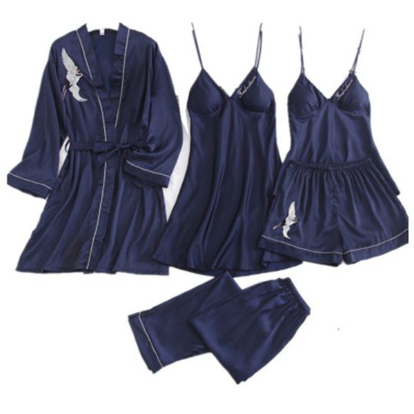 

womens pajamas 5 pieces satin pajama sets sleepwear silk home wear embroidery sleep lounge lace pyjamas nightwear, Blue;gray