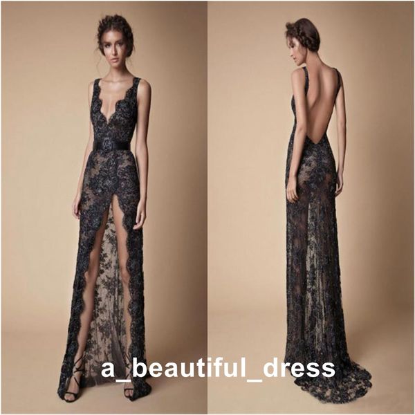 

berta black evening dresses lace edge deep v neck backless sash high split pageant formal party prom gowns vestidos de fiesta ed1267, Black;red