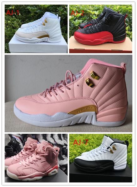 

retro new women 6 12 12s big kid boy girls gs hyper violet taxi ovo white pink youth basketball shoes girls flu game rush pink sneakers shoe, Black