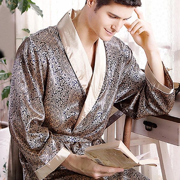 

men luxury slik bathrobe geometric robes plus size 5xl kimono gown male robes v-neck satin sleepwear pijamas male, Black;brown