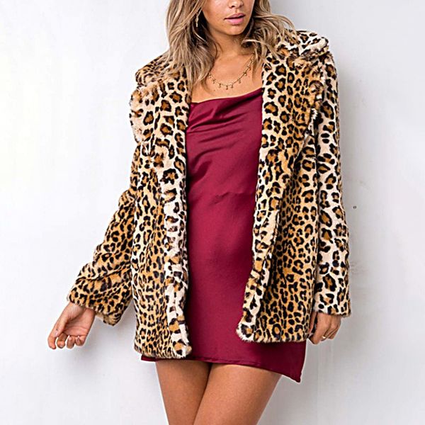

new luxury faux fur coat leopard print winter jacket turn down collar long sleeve women's outerwear feminino loose outerwear, Black
