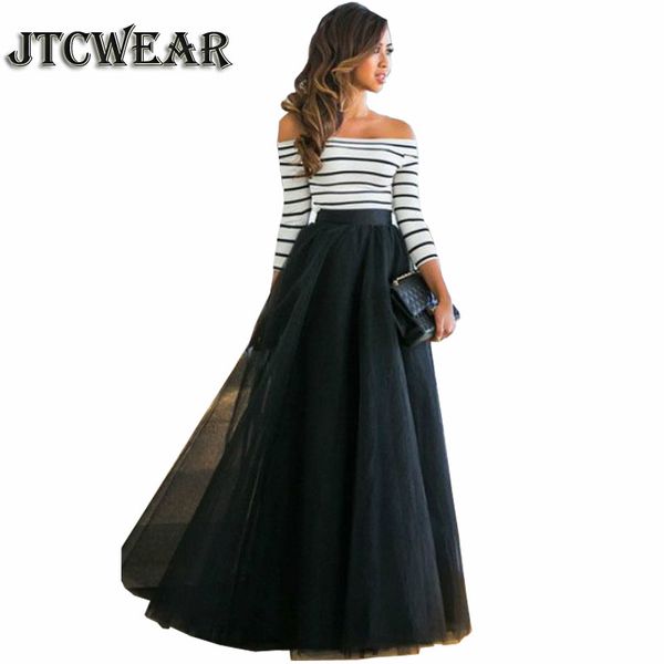 

jtcwear stripe slash neck patchwork floor dress 3/4 sleeve fit and flare tunic party club autumn woman mesh swing long dress 643, White;black