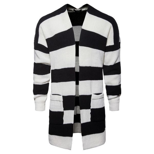 

fashion 2020 autumn winter long style patchwork men color matching cardigan jacket men's long black and white striped sweater, White;black