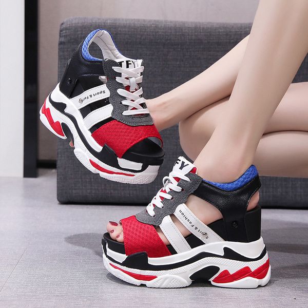 

summer women platform sandals fashion luxury designers chunky sandal lace up sport 11cm super high casual wedge shoes for woman, Black