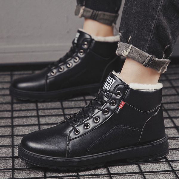 

snow boots men shoes waterproof warm shoes for winter thick sole handmade leather boots men fur botines gamuza hombre, Black