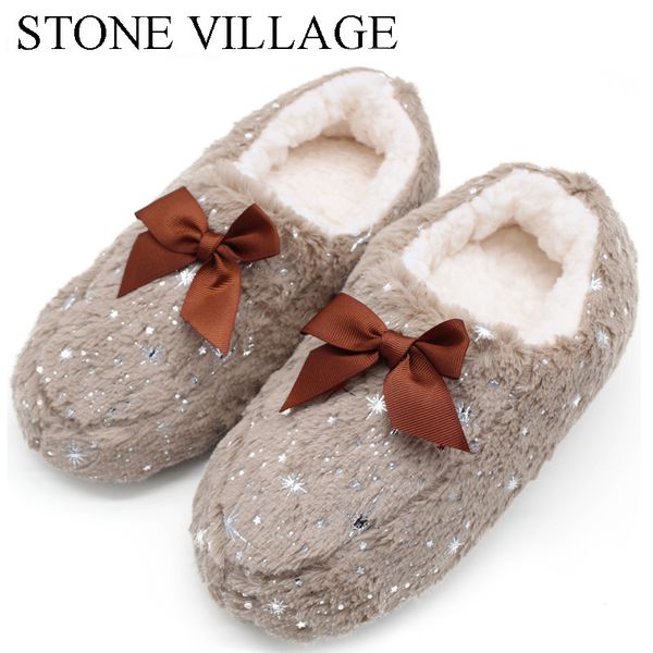 

stone village large size bow snowflake home slippers think plush warm women slippers shoes indoor shoes women, Black