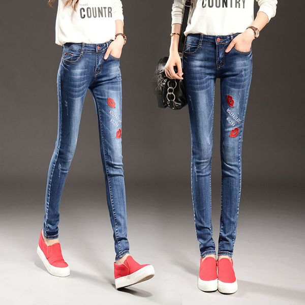 

spring and autumn korean-style women's jeans elasticity slimming skinny pants embroidery flower cowboy long pants a generation o, Blue