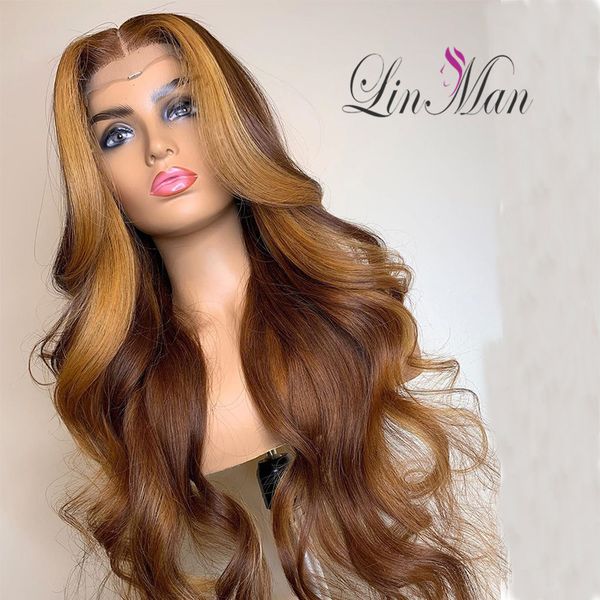 

ombre brown with honey blonde highlights human hair 13x6 lace frontal wig brazilian remy wavy human hair wigs, Black;brown