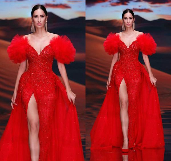 Red Vestidos de noite com destacável Train V Neck Cristal High Side Dividir Mermaid Prom Dress Ruffles formal do partido Vestidos Robes De Soirée