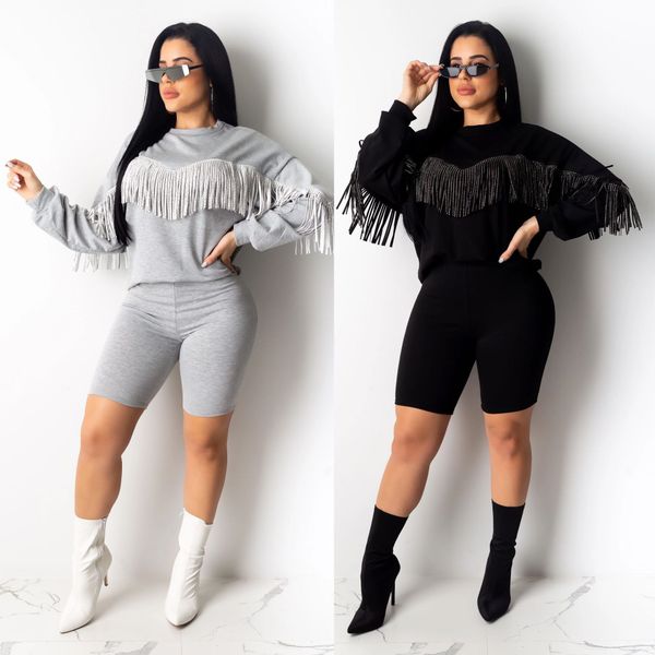 

fashion fringed long-sleeve shorts casual set solid color, White