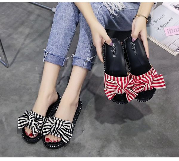 

korean version of outdoor slippers summer bowknot thick bottom wedge heel fashion sandals female beach wild beach shoes vacation, Black