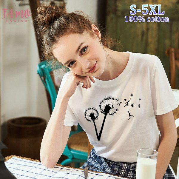 

dandelion print women t shirt 100% cotton summer basic t shirt o neck short sleeves harajuku casual oversized korean tees, White