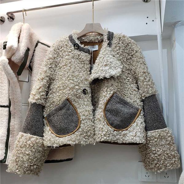 

ins fahsion lamb wool coat women's autumn and winter coat womans new short splicing knitting fashion fur cotton streetwear, Black
