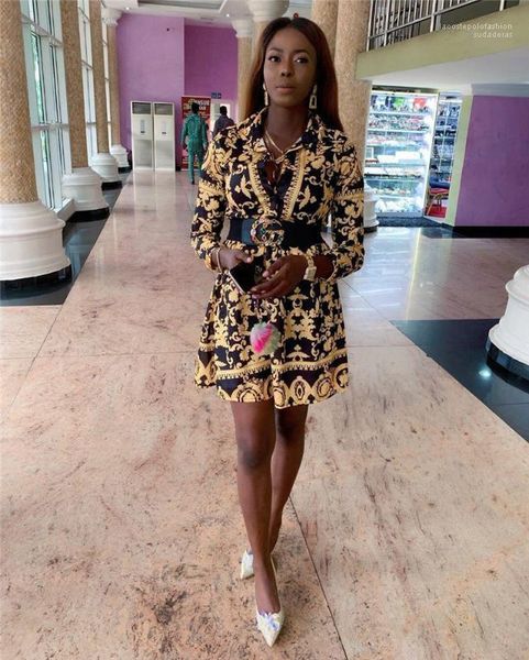 

designer vintage long sleeve casual dress luxury fashion womens autumn dresses womens gold flora printed dresses, Black;gray