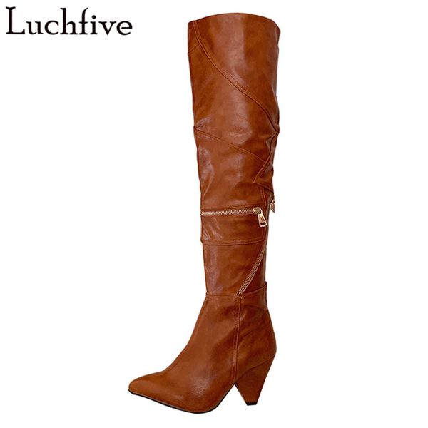 

retro wedges long boots for women pointy toe shoes woman zipper knee high boots british style brown femme, Black