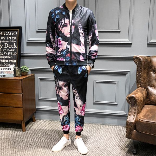 

loldeal autumn print tracksuit men girl face print jogginganzug herren ropa hombre de marca (jacket+sweatpant, Black;brown