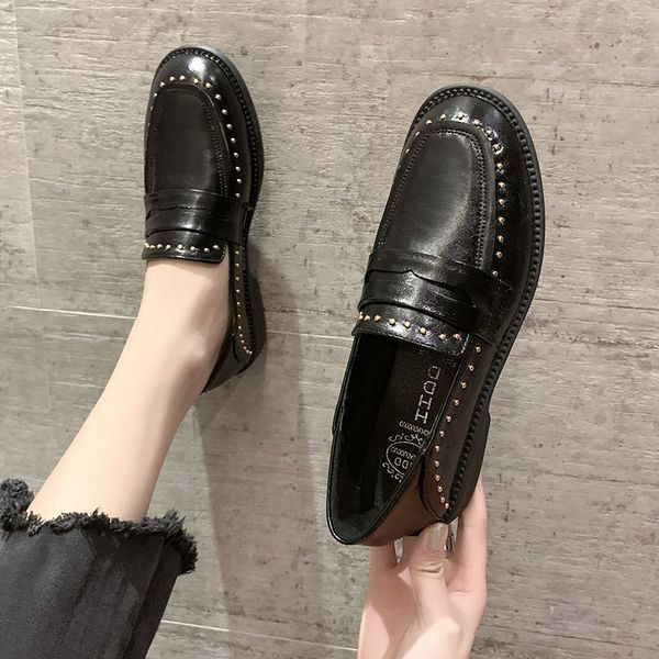 

round toe rivets studs shoes woman flats british style clogs platform casual female sneakers oxfords women's autumn modis dress, Black