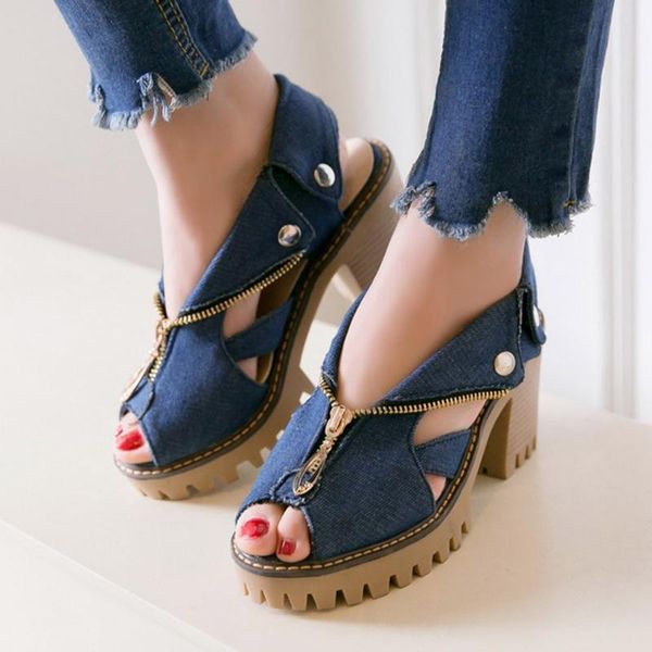 

2020 woman denim sandals beach party platform shoes ladies fashion block heels sandalia fenimina striptease blue, Black