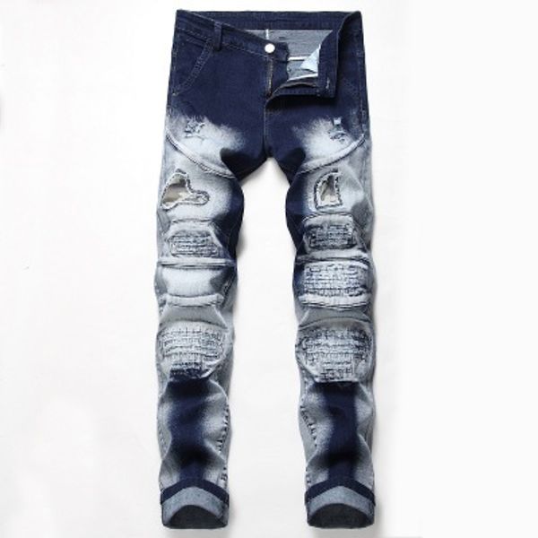 

new mens designer jeans 2019 new european and american jeans men's patches jeans elastic pants foreign trade trend men's trousers, Blue