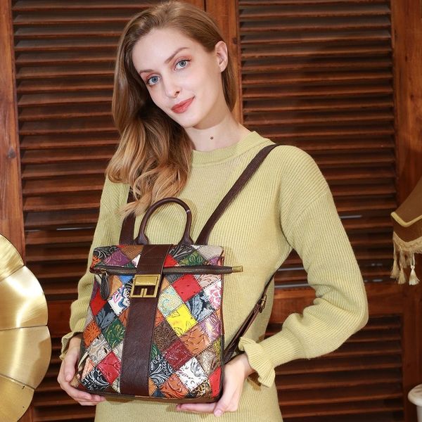 

travel backpack new style genuine leather women's backpack retro style contrasting color cool schoolbag small