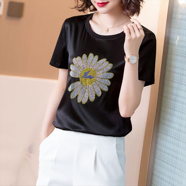 

summer 2020 round collar printing cotton mulberry short-sleeved silk screen t-shirt silk screen t-shirt female base vest chic fashion, White