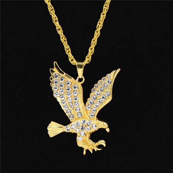 Wholesale Rhinestone Eagle Pendant Necklace For Men Hip Hop Long Big Drop Necklaces Geometric Fashion Alloy Gold Plated Jewelry Accessories Wholesale