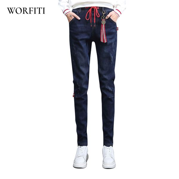 

2018 autumn winter boyfriend jeans harem pants women elastic waist loose thin/thicken fleeces denim jeans trousers plus size, Blue