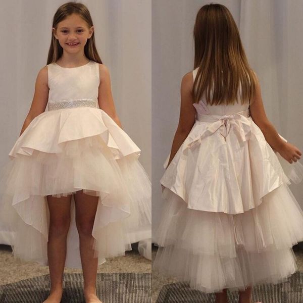 

simple satin tulle flower girls dresses for wedding jewel neck sleeveless high low beading girls pageant dresses with sash, White;blue