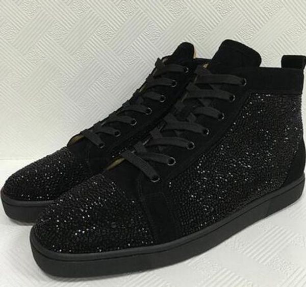 

2018 new special offer suede & black rhinestone strass red bottom shoes men women's flat red sole shoes high-sneaker lace-up casual c13